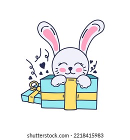 Gift. Drawing of a cute rabbit sitting in a gift box.