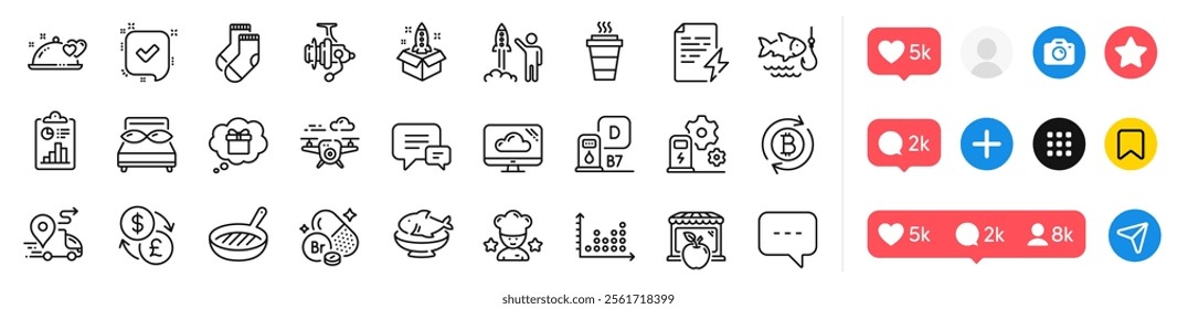 Gift dream, Launch project and Refresh bitcoin line icons pack. Social media icons. Power certificate, Confirmed, Report web icon. Pillows, Cloud storage, Takeaway pictogram. Charging station. Vector