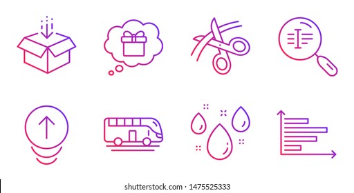 Gift dream, Swipe up and Get box line icons set. Scissors, Bus tour and Search text signs. Rainy weather, Horizontal chart symbols. Receive a gift, Scrolling page. Business set. Vector