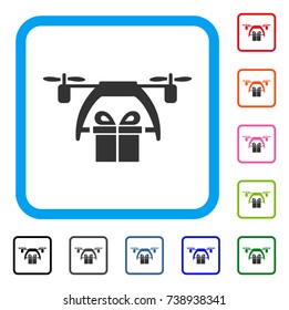 Gift Drone Delivery icon. Flat grey iconic symbol inside a light blue rounded frame. Black, gray, green, blue, red, orange color versions of Gift Drone Delivery vector.