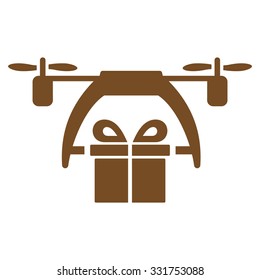 Gift Drone Delivery vector icon. Style is flat symbol, brown color, rounded angles, white background.