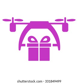 Gift Drone Delivery vector icon. Style is flat symbol, violet color, rounded angles, white background.