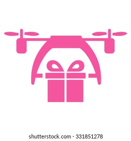 Gift Drone Delivery vector icon. Style is flat symbol, pink color, rounded angles, white background.