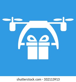 Gift Drone Delivery vector icon. Style is flat symbol, white color, rounded angles, blue background.