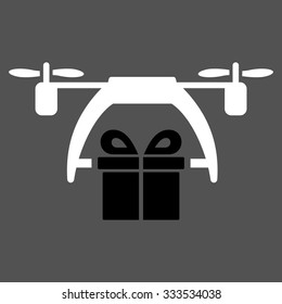 Gift Drone Delivery vector icon. Style is bicolor flat symbol, black and white colors, rounded angles, gray background.