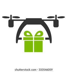 Gift Drone Delivery vector icon. Style is bicolor flat symbol, eco green and gray colors, rounded angles, white background.