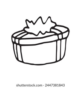 Geschenk in einer Ellipsenform mit Fliege einfache Umrissabbildung. Einzelne Geschenkbox Kontur Skizze bereit für Überraschung handgezeichnetes Logo. Geburtstagsgeschenk und Dessert Stift Zeichnung Detail und Dekoration Logo