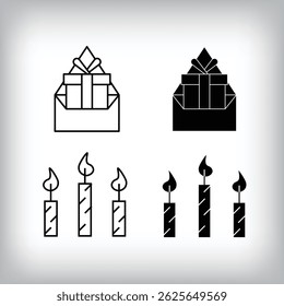 Gift envelope, burning candles and fun design. Simple linear and flat event celebration icon set.