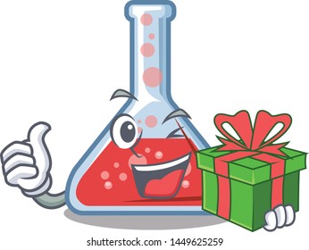 With gift erlenmeyer flask above wooden cartoon table