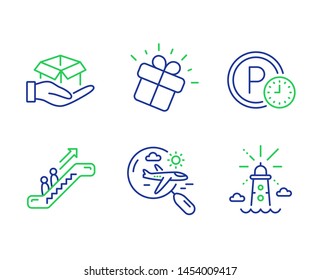 Gift, Escalator and Parking time line icons set. Hold box, Search flight and Lighthouse signs. Marketing box, Elevator, Park clock. Delivery parcel. Transportation set. Line gift outline icons. Vector