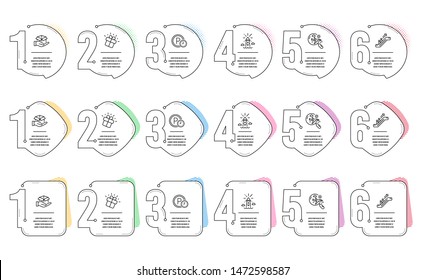 Gift, Escalator and Parking time line icons set. Infographic timeline. Hold box, Search flight and Lighthouse signs. Marketing box, Elevator, Park clock. Delivery parcel. Transportation set. Vector