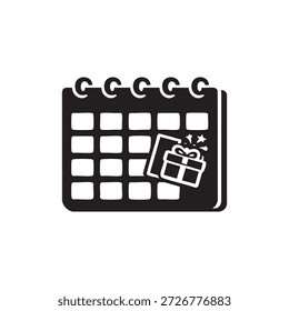 Gift event date calendar icon black and white vector illustration for holiday presents and celebration planning