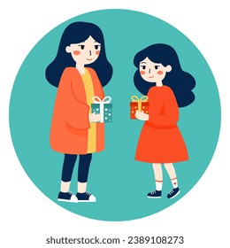 Gift Exchange. Secret Santa. Friends give each other gifts in holiday boxes. Best friends with Christmas gifts. Vector illustration in flat style