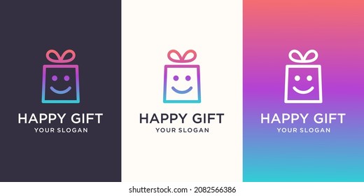 gift and face smile logo combination. Unique surprise and logotype design template