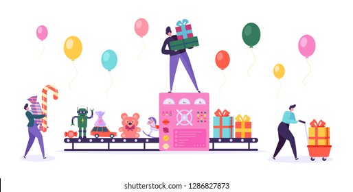 Gift Factory Conveyor Wrap Christmas Toy. Present Box Automated Manufacturing Line Production. People Character Pack Candy Bear for Birthday Holiday Calabration Flat Cartoon Vector Illustration