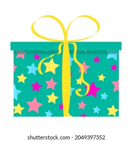 caja de regalo cerrada con tapa, verde con un patrón de estrellas, una cinta y un arco. aislado en fondo blanco, cierre, ilustración vectorial. para decorar postales, afiches, banners