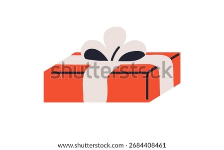 Gift in festive paper wrapping, decorated with ribbon bow. Small present box. Little holiday package wrapped for Christmas and birthday. Flat vector illustration isolated on white background