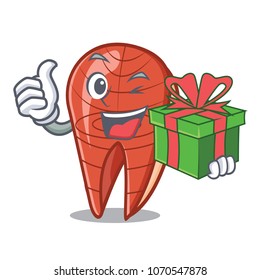 With gift fish slice mascot cartoon