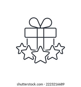 Regalo y cinco estrellas. Calidad de reconocimiento, revisión de calificación. Premio ganador. Estrellas de la competencia en primer lugar. Recompensa de éxito.Icono lineal vector aislado en fondo blanco.