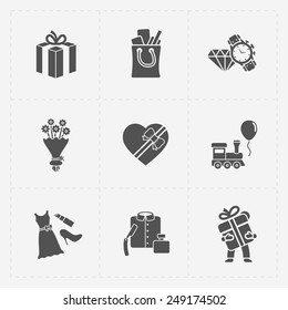 Gift flat black shop icon set on white