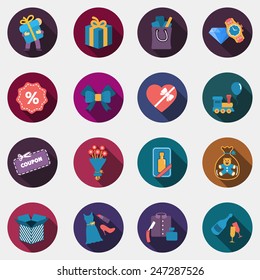 Gift flat circle colorful shop icons with shadow