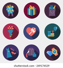 Gift flat circle colorful shop icons with shadow