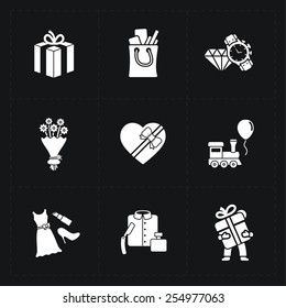 Gift flat contour shop icon set on black