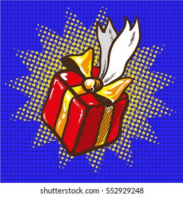 Gift floating pop art retro comic style vector illustration with dotted background