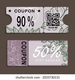 Gift floral coupon design with elements ornate flower leaves frames