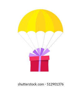 Gift flying with a parachute. delivery of goods concept. flat vector illustration isolate on a white background
