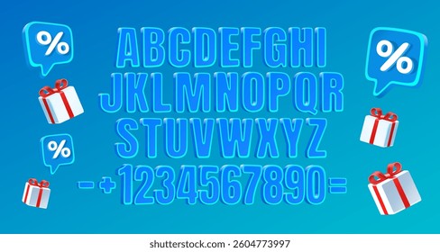 Gift font. English alphabet and numbers sign. Vector illustration