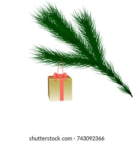 A gift in the form of a Christmas tree toy hanging on a spruce branch.