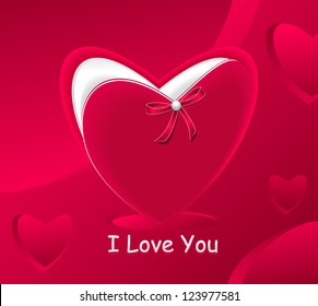 Gift in form red heart and with red bow pearl red abstract background