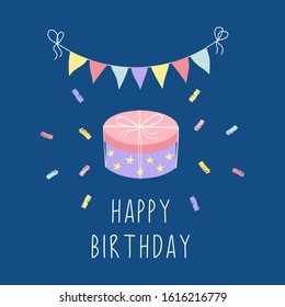 Gift, garlands, flags, decorations for the holiday. Happy Birthday. Greeting card design. Vector isolated illustration on a blue background.