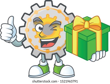 With gift gear shape circle with cartoon character