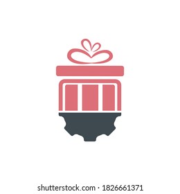 Geschenkartikel, Vektorlogo-Design. Vorliegendes und mechanisches Symbol oder Symbol.
