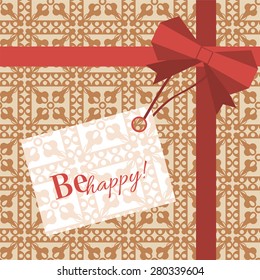 Gift with geometric patterns and flat style ribbon with a bow for your project. Vector illustration