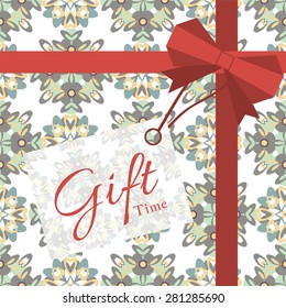Gift with geometric patterns and flat style ribbon with a bow for your project. Vector illustration