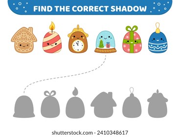 Gift, gingerbread house, snow globe. Find the correct shadow. Shadow matching game. Cartoon, kawaii. Isolated vector illustration eps 10