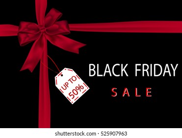 Gift Giving Black Friday sale tag with red ribbon on the black background. vector stock illustration.