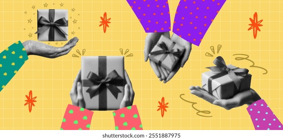 gift giving concept collage set with female hands holding gift boxes with ribbons and bow retro halftone grunge dotted elements holidays presenting celebration vintage design poster banner