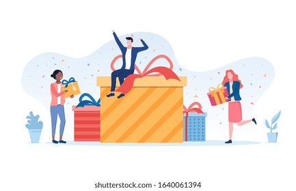 Gift Giving Concept With Multiracial People Forming A Large Pile Of Decorative Presents In The Center By Adding Gifts, Vector Illustration