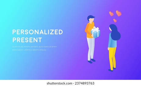 Gift giving concept. Receiving a present 3d isometric. Woman and man with a gift.