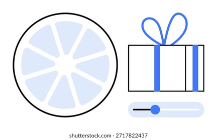 Doação de presentes, personalização, celebração, interface do usuário, design, feriado . Um presente embrulhado, fatia de citrinos e ícone de barra são . Conceito de doação e personalização de presentes