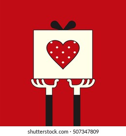 Gift giving flat icon, symbol. Hands holding present decorated with heart on red background. Holiday season design concept. Vector illustration.