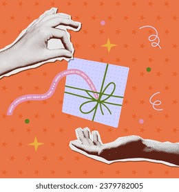 Gift giving Halftone collage banner in trendy collage art style. One hand giving gift to another hand. Merry Christmas mixed media poster . Vector illustration in retro colors.