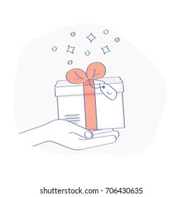 Gift giving. Hand holding a gift box, bonus, flat design outline banner, usage for e-mail newsletters, web banners, headers, blog posts, print and more.