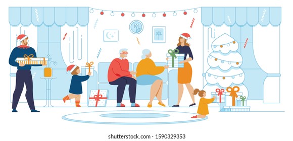 Gift Giving on Christmas and New Year Cartoon. Happy Family Traditions. Grandparents, Parents and Children with Present Boxes. Cozy Living Room with Xmas Fir Tree. Vector Flat Illustration