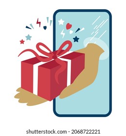 Gift giving from phone screen. Surprise, message, delivery. Christmas, birthday celebration online or in the distance. Vector flat sketch design