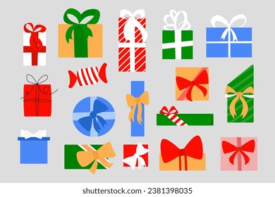 Gift giving season banner. Set of Christmas gifts in geometric wrapping paper. Vector top view illustration of Christmas presents for social media, blog articles on gift guide and giveaway themes.